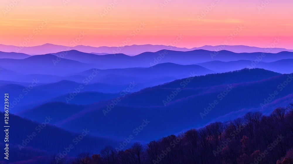 Obraz premium Layered Blue Mountain Ridges at Sunset with Colorful Sky