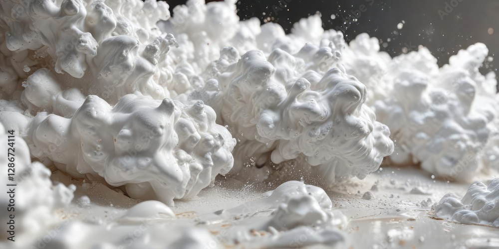 White foam elements in slow motion floating in the air on an abstract surface with a metallic sheen, delicate details , white foam, airy texture White foam elements in slow motion floating in the air on an abstract surface with a metallic sheen, delicate details , white foam, airy texture