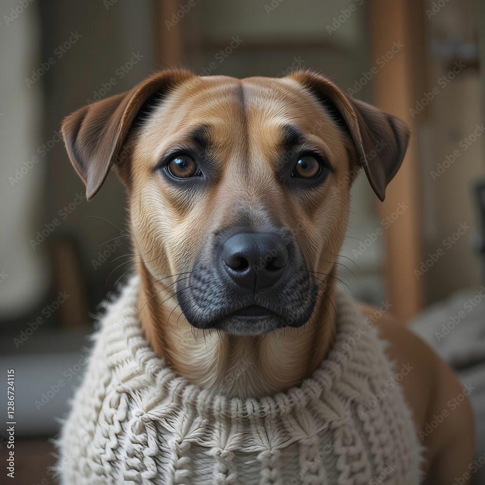 Portrait of a domestic Black Mouth Cur in a sweater Portrait of a domestic Black Mouth Cur in a sweater