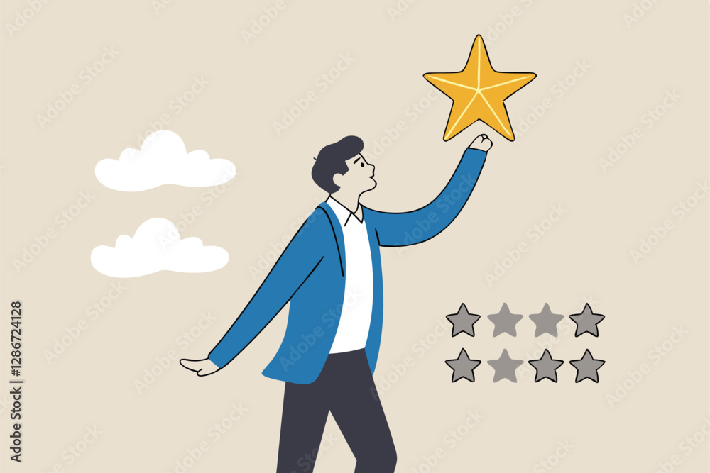 Quality vs quantity, management to assure excellent work outcome, working attitude to deliver superior result concept, smart businessman holding precious high quality stars versus other ordinary stars Quality vs quantity, management to assure excellent work outcome, working attitude to deliver superior result concept, smart businessman holding precious high quality stars versus other ordinary stars