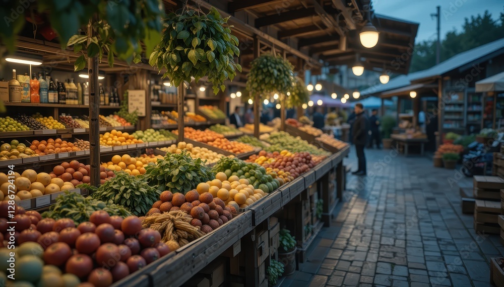 Fototapeta premium Abundant Fresh Fruits and Vegetables at a Vibrant Farmers Market Stall