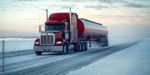 A powerful truck navigates a snowy road while towing a tanker, showcasing resilience and adaptability in challenging winter conditions.