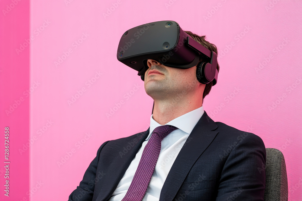 Businessman Using VR Headset Against Pink Background Businessman Using VR Headset Against Pink Background