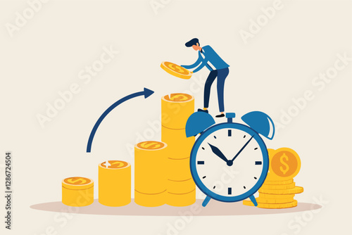 Long term investing or savings for retirement fund, compound interest or investment growth, tax time reminder concept, businessman on alarm clock put more dollar coin money to increase his savings.