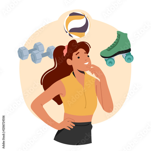 Pensive young athletic woman cartoon character selecting between skating, volleyball and gym class