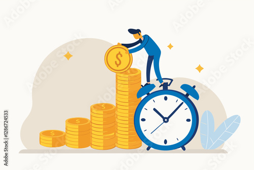 Long term investing or savings for retirement fund, compound interest or investment growth, tax time reminder concept, businessman on alarm clock put more dollar coin money to increase his savings.