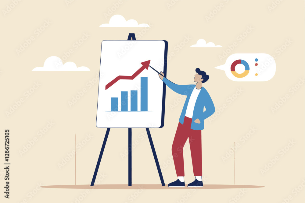 Present company growth, boost profit or increase revenue, success investment or growing sales, report or improvement statistics concept, businessman present graph with high improvement bar chart. Present company growth, boost profit or increase revenue, success investment or growing sales, report or improvement statistics concept, businessman present graph with high improvement bar chart.