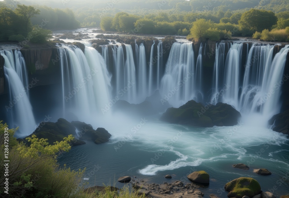 Fototapeta premium Scenic view of a waterfall with multiple cascades surrounded by lush greenery and rocks