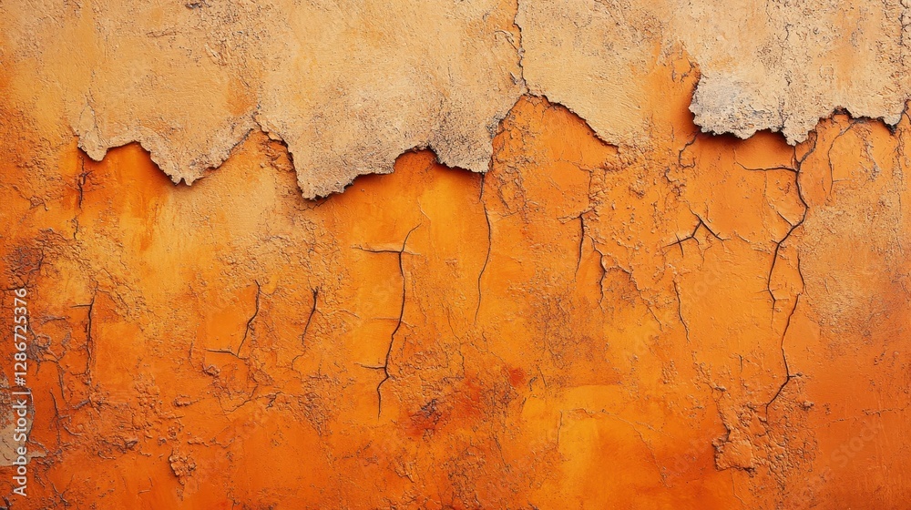 Fototapeta premium An abstract close-up of cracked, weathered orange plaster, showcasing rich textures against a muted backdrop.
