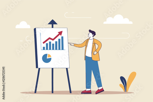 Present company growth, boost profit or increase revenue, success investment or growing sales, report or improvement statistics concept, businessman present graph with high improvement bar chart.