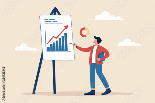 Present company growth, boost profit or increase revenue, success investment or growing sales, report or improvement statistics concept, businessman present graph with high improvement bar chart.