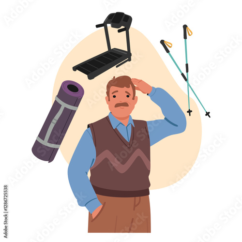 Middle age man choosing sport training recreation between fitness, gym exercises or Nordic walking