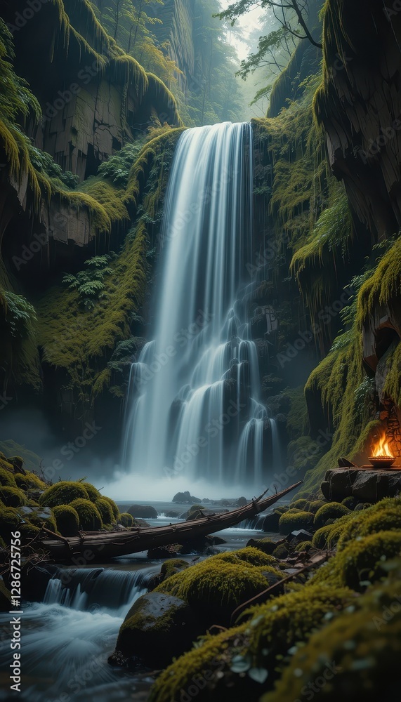 Obraz premium Serene Waterfall Cascading Through Mossy Gorge A Relaxing Nature Scene with Fire