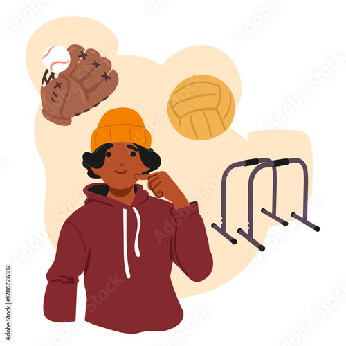 Teenage boy child character choosing between baseball, volleyball and parkour training activity