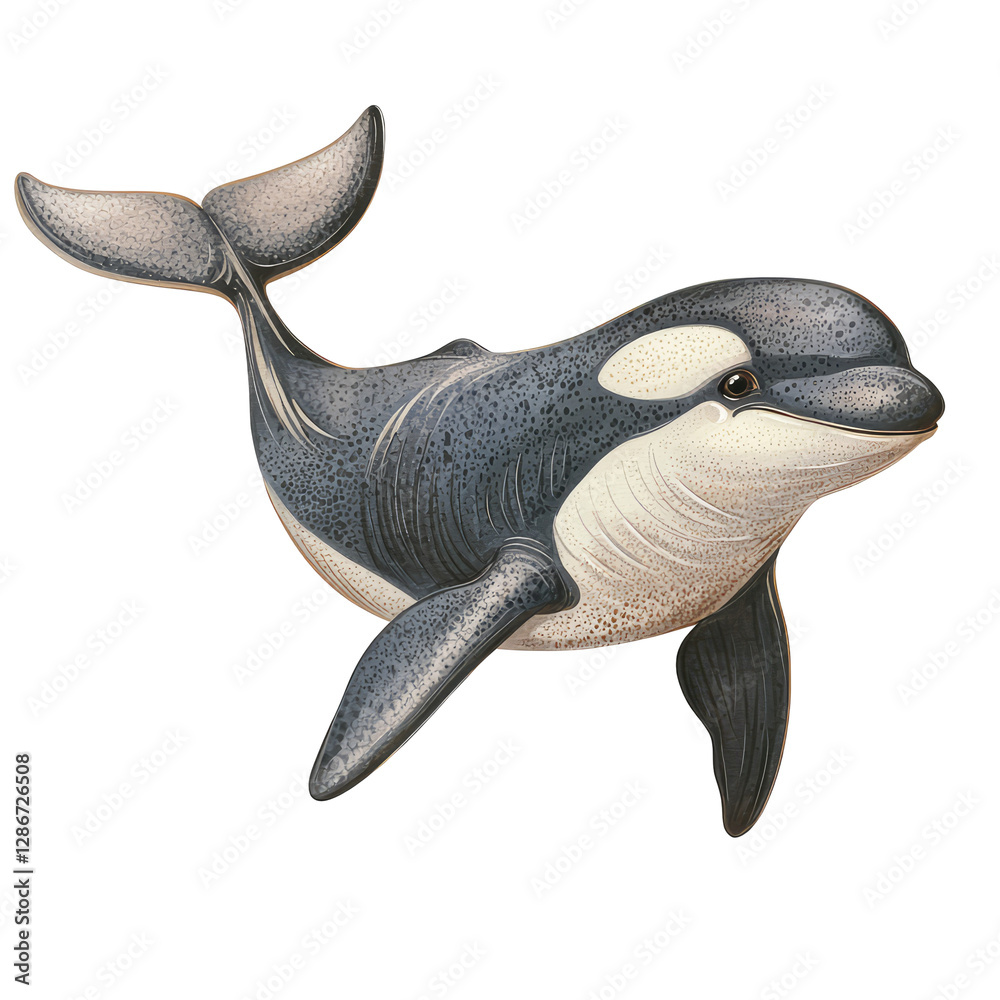 Fototapeta premium Vibrant Stylized Orca Swimming Gracefully in Clear Water, Capturing the Essence of Underwater Life and Marine Wildlife