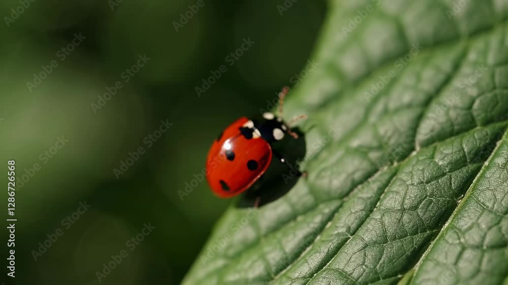 Close-up video of a ladybug on a green leaf, captured from a side angle. The macro style highlights the vibrant red and black colors of the insect. Close-up video of a ladybug on a green leaf, captured from a side angle. The macro style highlights the vibrant red and black colors of the insect.