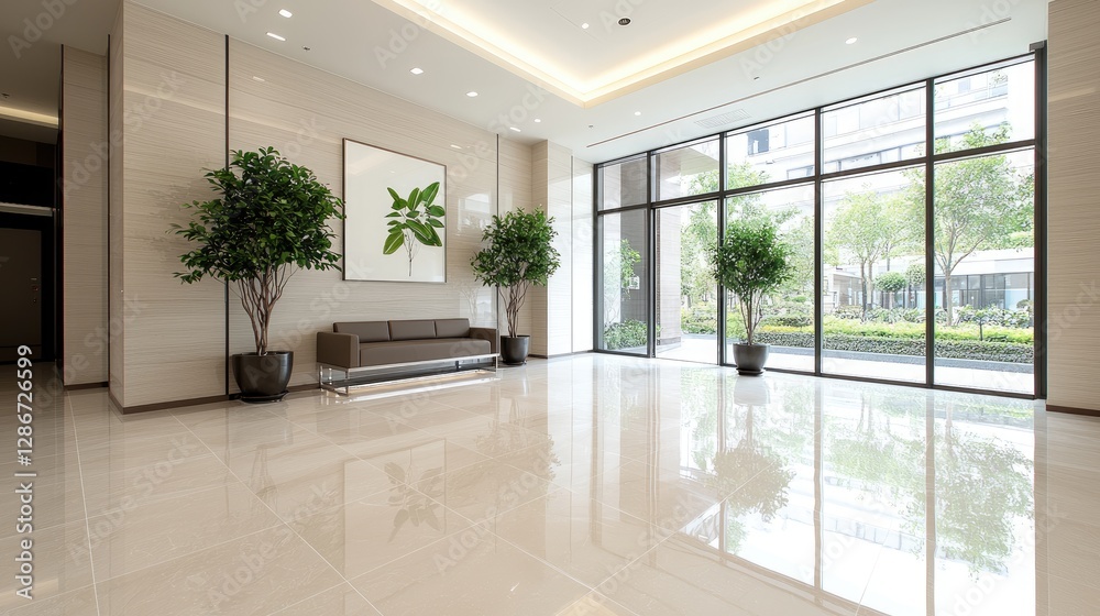 Modern Office Lobby with Plants and View Modern Office Lobby with Plants and View