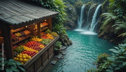 Lush Tropical Waterfall Scene with Vibrant Fruit Stand near Turquoise Water