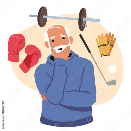 Retired senior man cartoon character selecting sport training hobby for health and body care scene