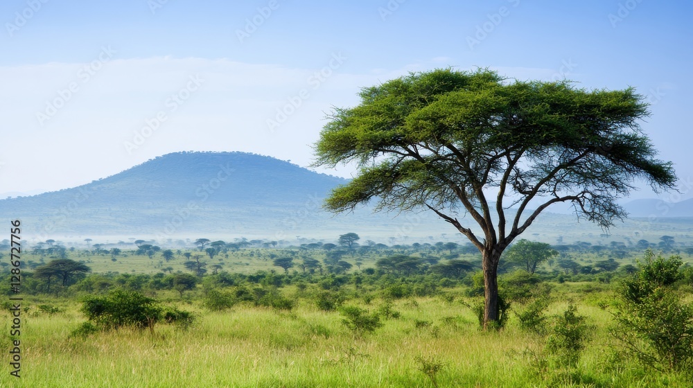 Lush Green Savannah Landscape with Isolated Tree and Rolling Hills under Blue Sky Lush Green Savannah Landscape with Isolated Tree and Rolling Hills under Blue Sky
