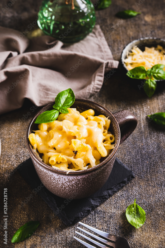 Cup with baked macaroni cheese and basil on the table vertical view