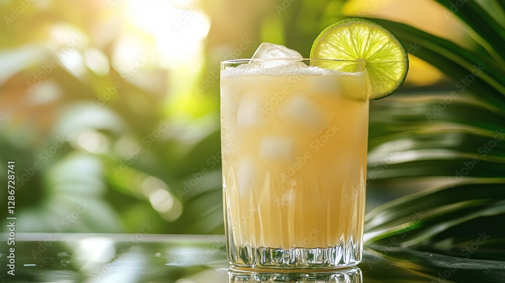 Refreshing tropical cocktail in glass outdoors Refreshing tropical cocktail in glass outdoors