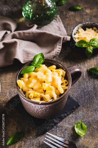 Obraz na płótnie Cup with baked macaroni cheese and basil on the table vertical view w salonie