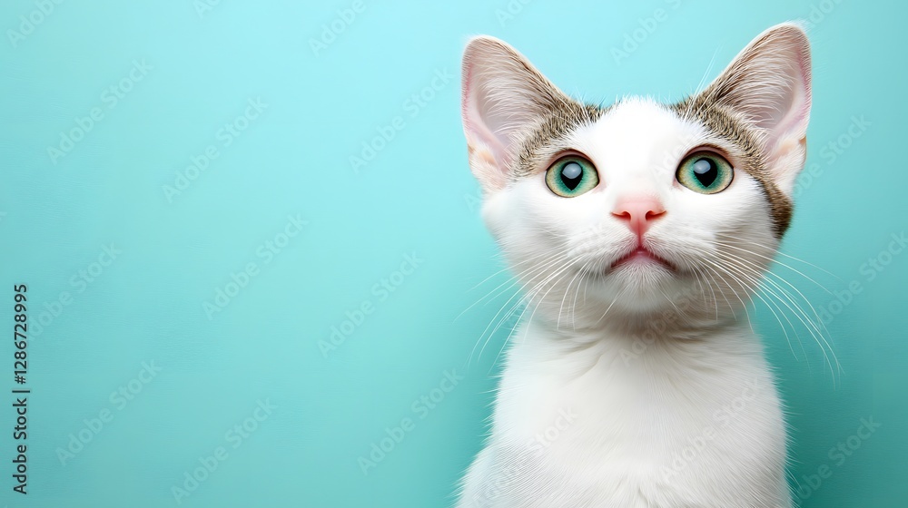 Curious White Cat with Striking Green Eyes Posing Against a Soft Blue Background Curious White Cat with Striking Green Eyes Posing Against a Soft Blue Background