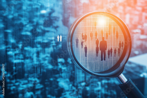 Selecting talented people. Recruitment and employment image. Magnifier and people icons on cityscape background