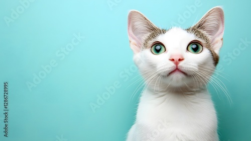 Curious White Cat with Striking Green Eyes Posing Against a Soft Blue Background