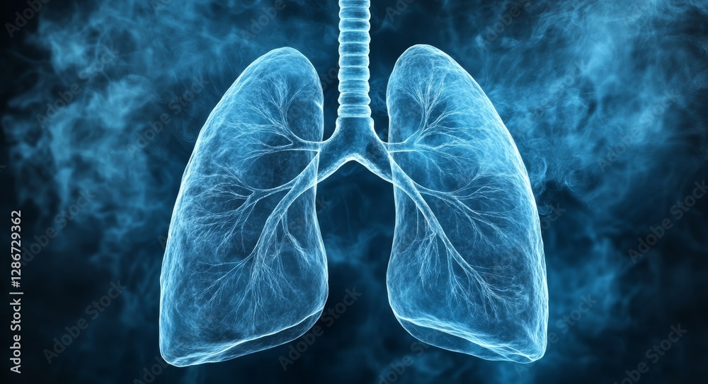 Human lungs with translucent smoke on a dark blue background. Human lungs with translucent smoke on a dark blue background.