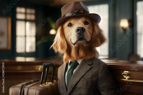 dog with suitcase wearing suit and hat in a hotel
