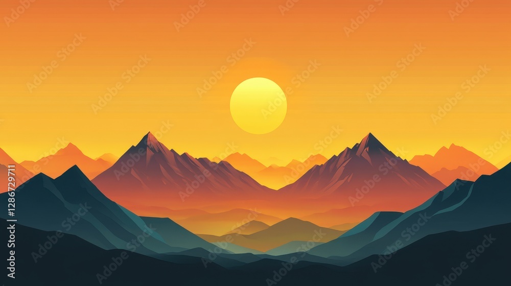 custom made wallpaper toronto digitalA stunning sunset over a stylized mountain range, showcasing layers of blue to orange hues in the sky.