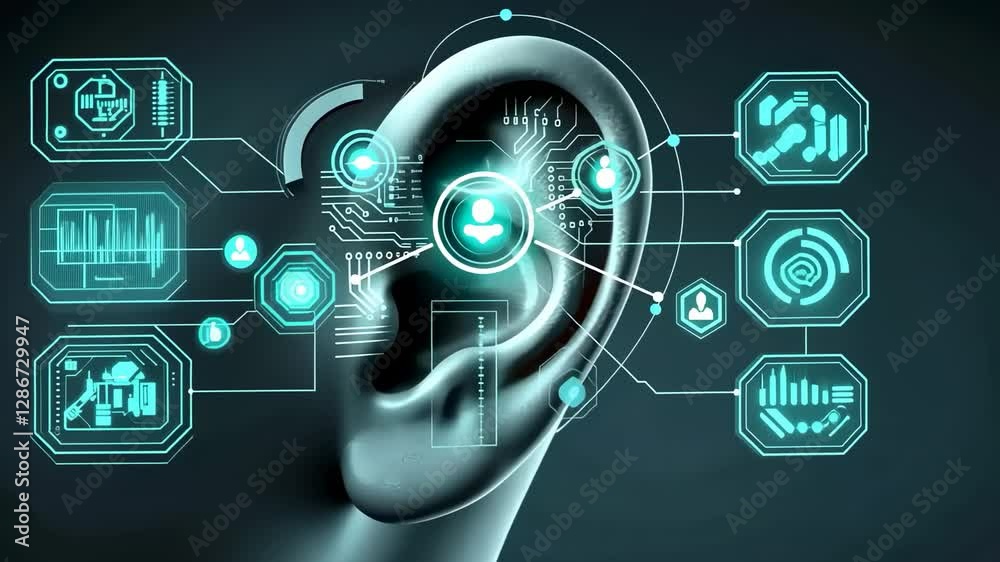 Futuristic augmented reality interface analyzing human ear with holographic elements Futuristic augmented reality interface analyzing human ear with holographic elements