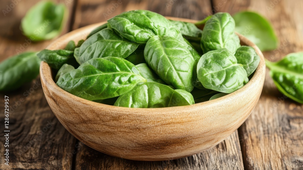 A close-up view of a rustic wooden bowl brimming with fresh, vibrant spinach leaves, showcasing the natural textures and colors of the greens. A close-up view of a rustic wooden bowl brimming with fresh, vibrant spinach leaves, showcasing the natural textures and colors of the greens.