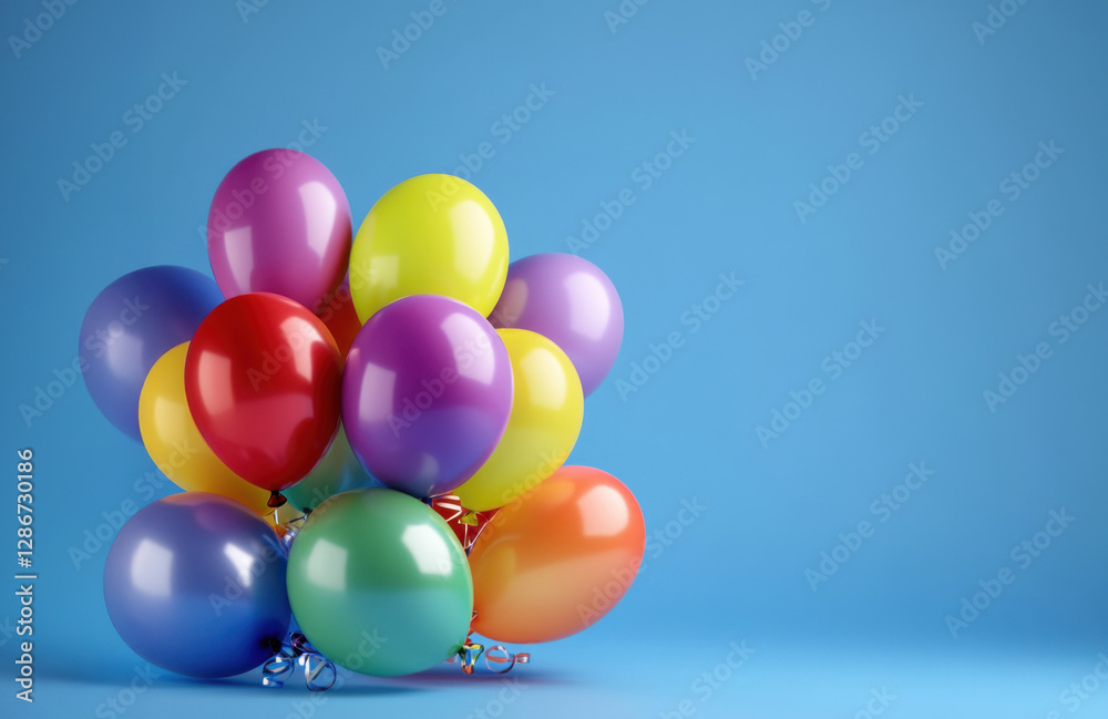 A collection of vibrant glossy balloons in purple, orange, and blue tones floating against a pastel blue background, ideal for festive designs and social media. Generative AI A collection of vibrant glossy balloons in purple, orange, and blue tones floating against a pastel blue background, ideal for festive designs and social media. Generative AI