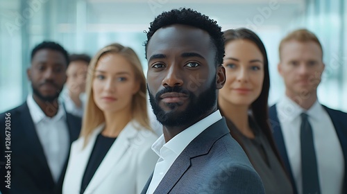 Group successful multiethnic business team Portrait successful group business people at modern office looking at camera. Portrait happy businessmen and satisfied businesswomen standing as a team. Mult