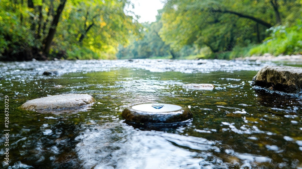 Calm river flowing through lush forest; serene nature scene