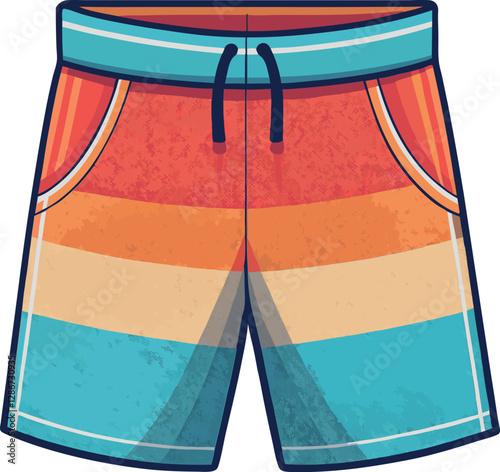 Colorful Flat Board Shorts with Minimalist Vector Design Featuring Retro Vintage Illustration for a Stylish and Sporty Beach Look