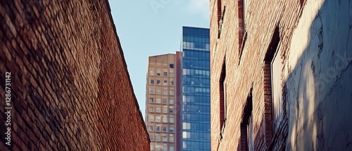 Between aged brick walls, a modern skyscraper peeks through, contrasting old and new architecture in the cityscape. photo