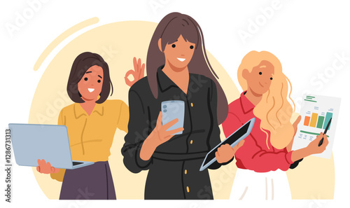 Busy business ladies engaged in routine work, daily plan job activity using professional instrument