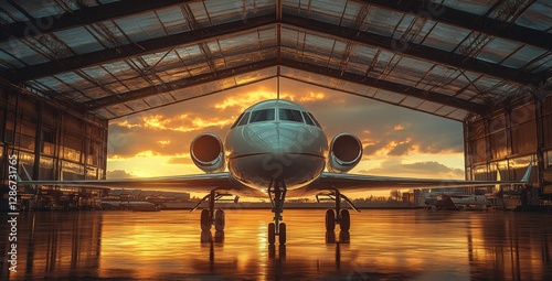 Image of a private jet parked in a hangar.