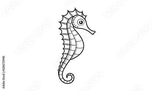 Seahorse line drawing vector illustration, silhouette, detailed vector, black and white, monochrome design, minimalist illustration, isolated on a white background