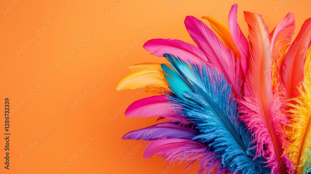 Obraz premium Colorful feathers arranged against a vibrant orange background, showcasing a mix of pink, purple, blue, and yellow hues.