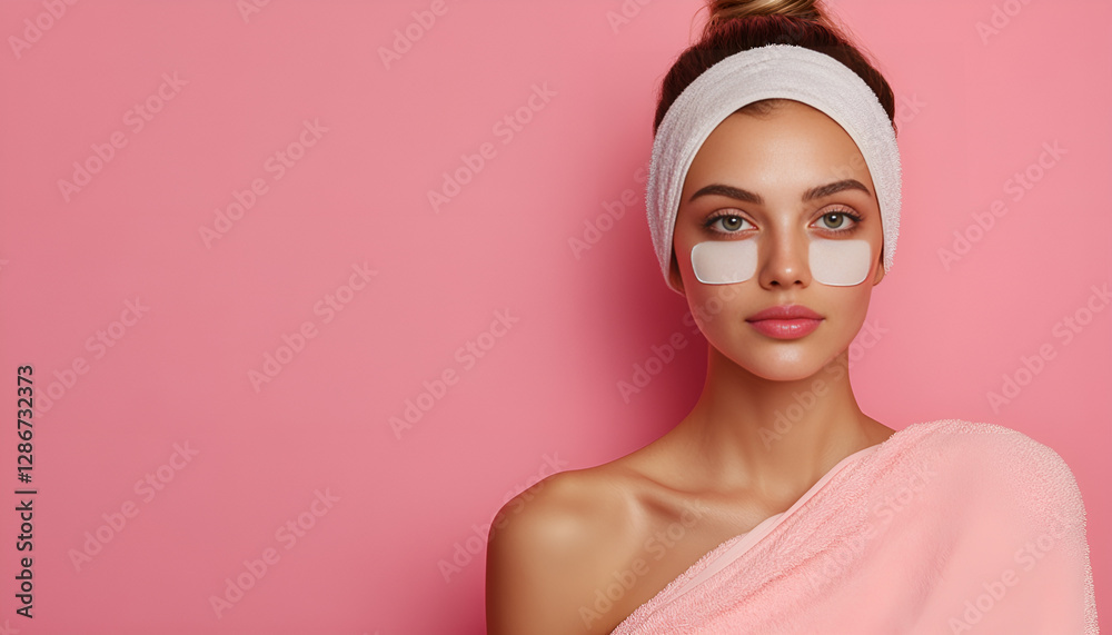 Beautiful young woman with under eye patches and hair wrapped in towel on pink background, space for text Beautiful young woman with under eye patches and hair wrapped in towel on pink background, space for text