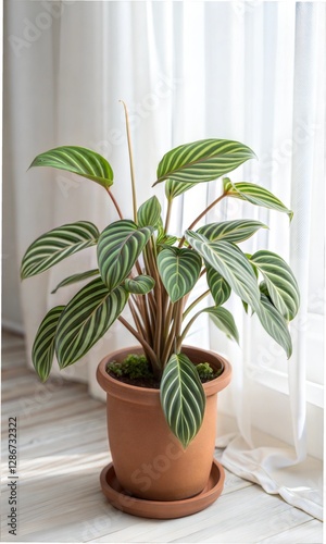 Vibrant Calathea Plant in Terracotta Pot by a Window, plant in a pot