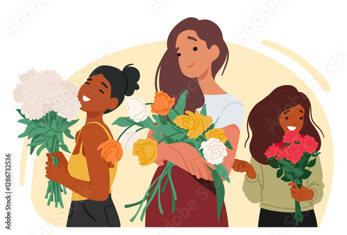 Cute teenage girls with bunch of flowers celebrating holiday event feeling positive and happiness