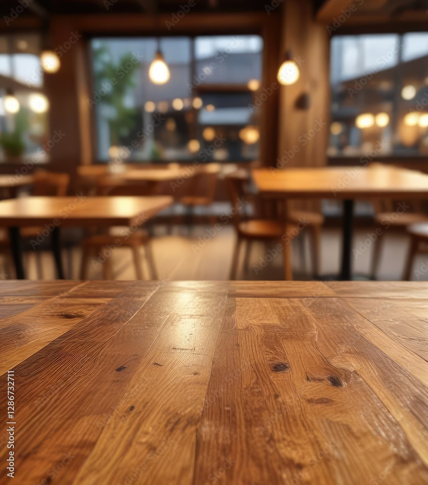 Wood grain texture and blurred cafe background, highlighting an empty wooden table top illuminated by soft golden light, soft, wood grain, golden, cafe, texture Wood grain texture and blurred cafe background, highlighting an empty wooden table top illuminated by soft golden light, soft, wood grain, golden, cafe, texture