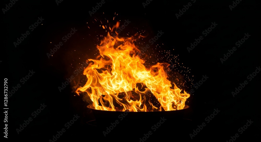 A captivating display of fire, radiating warmth and dynamic energy in darkness A captivating display of fire, radiating warmth and dynamic energy in darkness