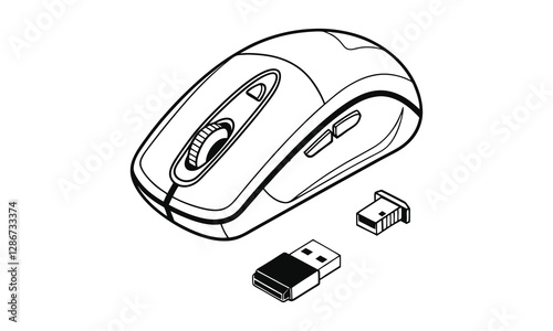 Computer mouse line drawing vector illustration, silhouette, detailed vector, black and white, monochrome design, minimalist illustration, isolated on a white background